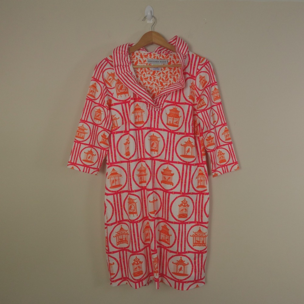 Gretchen‎ Scott Dress Jersey Birdcage Ruffle Chinoiserie